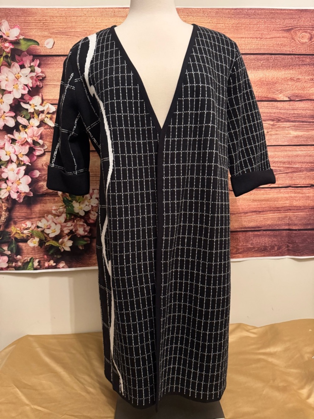 Alfani NWT Black White Cardigan Windowpane Pattern Duster Open Front Size M